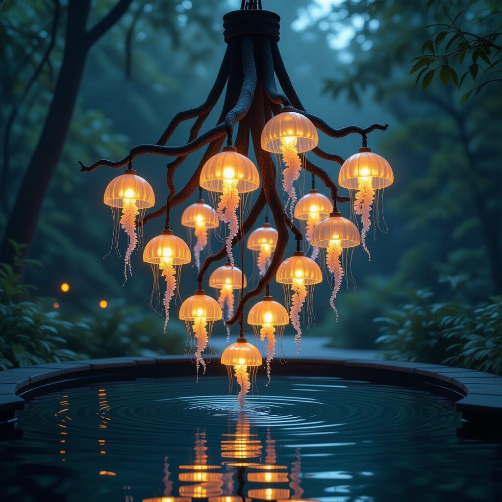 Jellyfish Chandelier Reflected in Black Pool