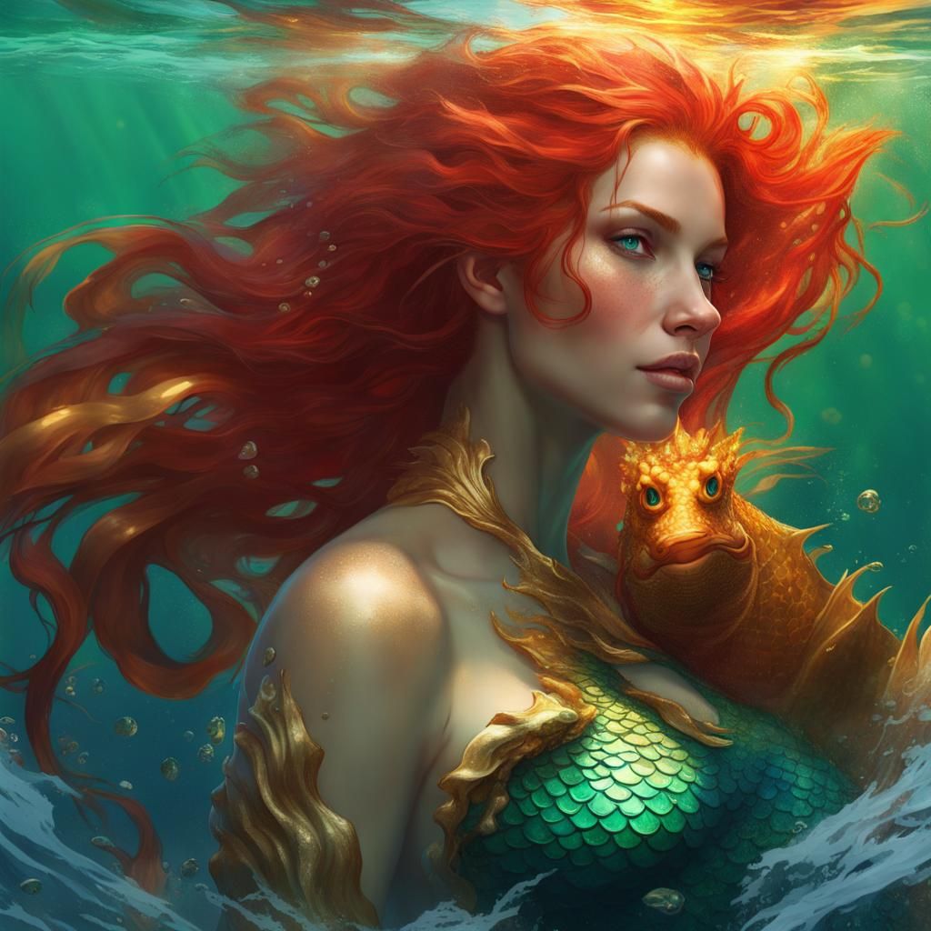 Red-Haired Mermaid Riding Seahorse: Hyperdetailed Concept Ar...