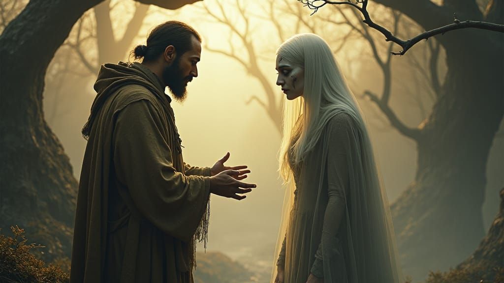 Compassionate Figure Approaches Lost Soul in Haunting Landsc...