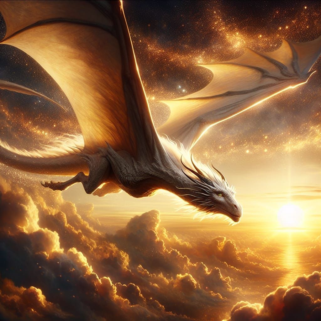 Majestic White Dragon in Sunset Flight