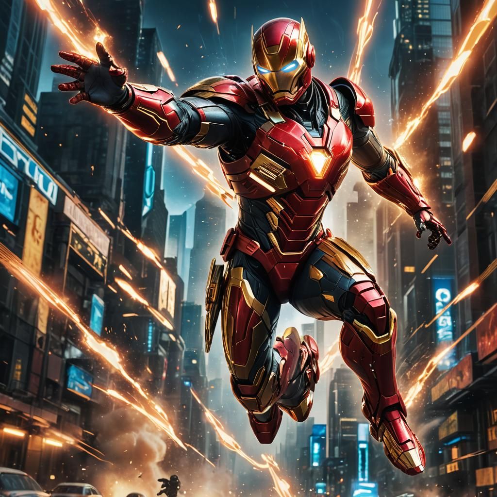 Futuristic Superhero Flies with Repulsor Beams