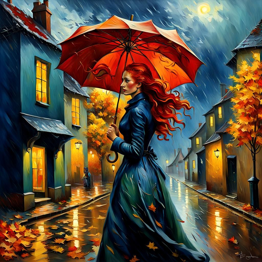 Girl Fighting the Wind in Van Gogh Style