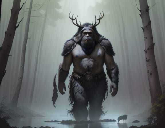 Mystical Bigfoot Portrait in a Watercolor Forest Scene