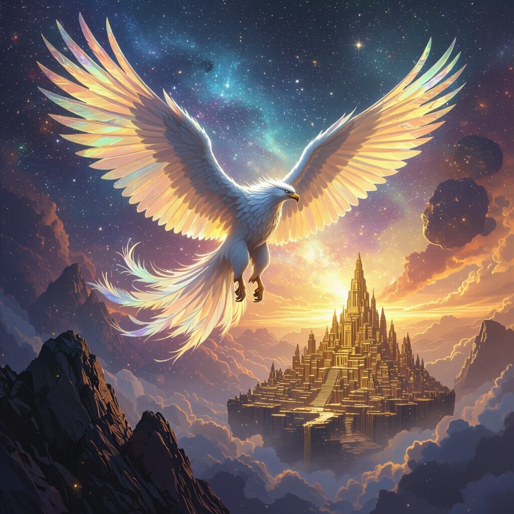 Griffin Soaring Through Nebula with City of Gold