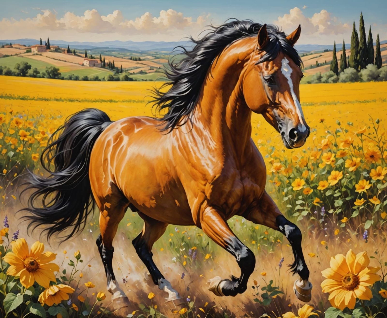 Golden Stallion Runs Free in Vibrant Tuscan Flower Field