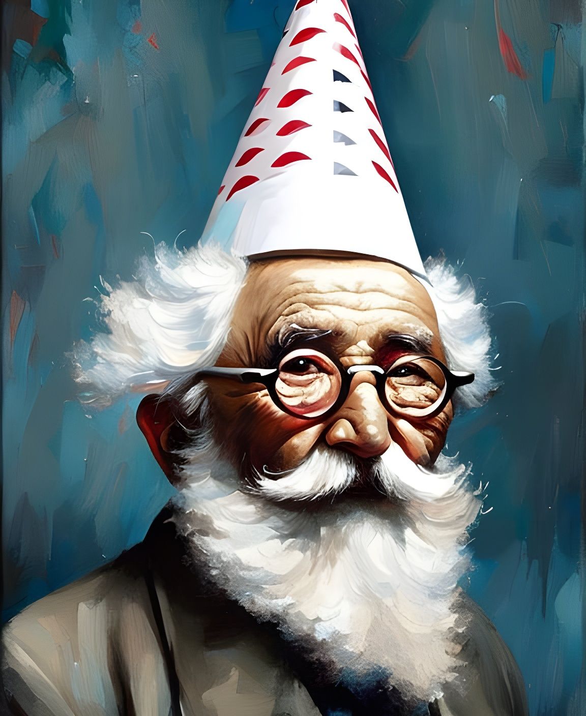 Expressive Portrait of Old Man with Party Hat