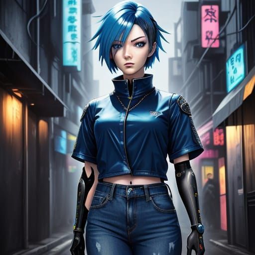 Cyberpunk Anime Woman with Blue Hair