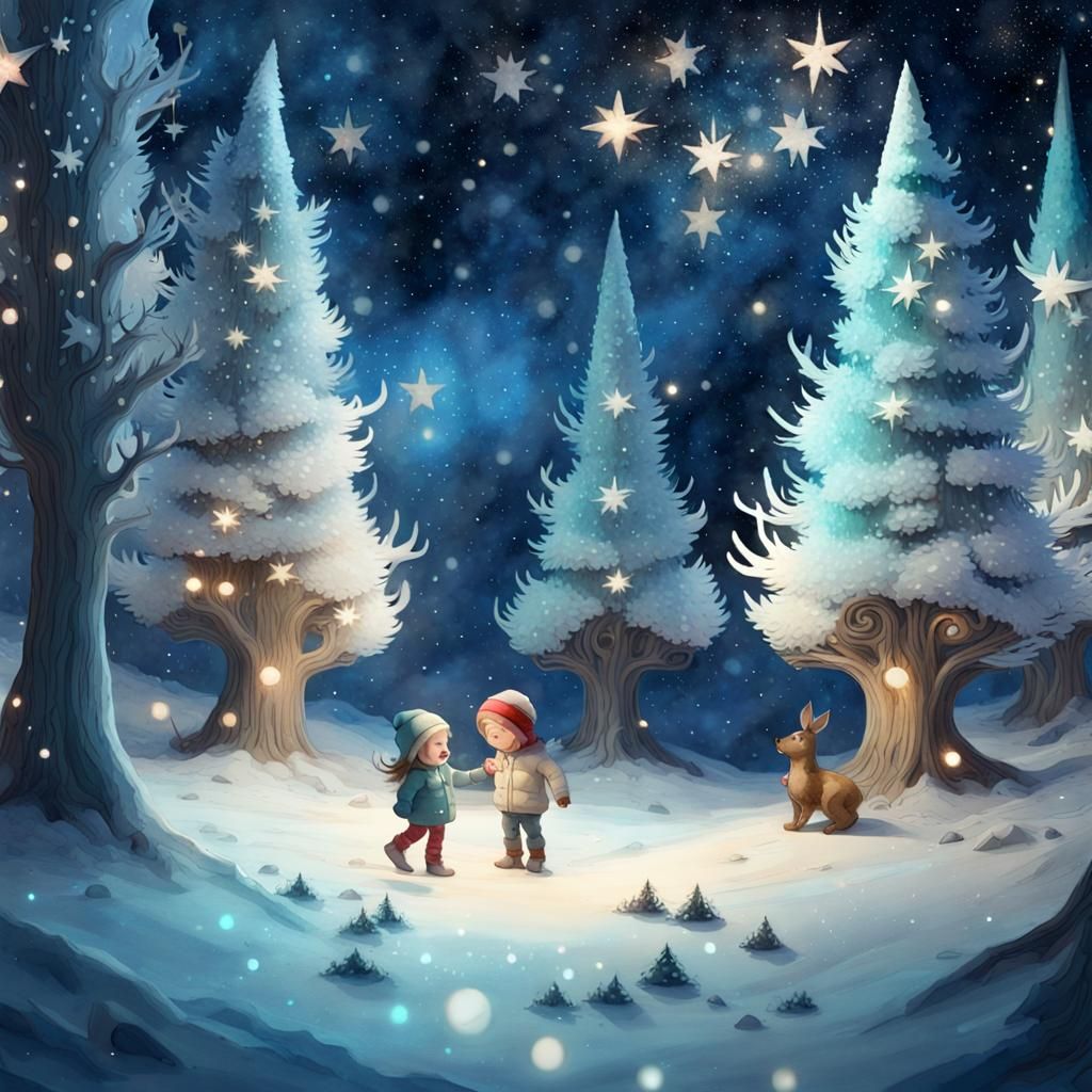 Starry Winter Forest: Rococo Watercolor Fusion