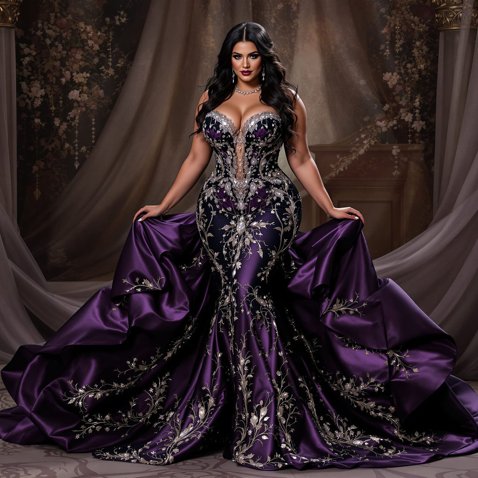 Full-Figured Bride in Dramatic Black and Purple Gown