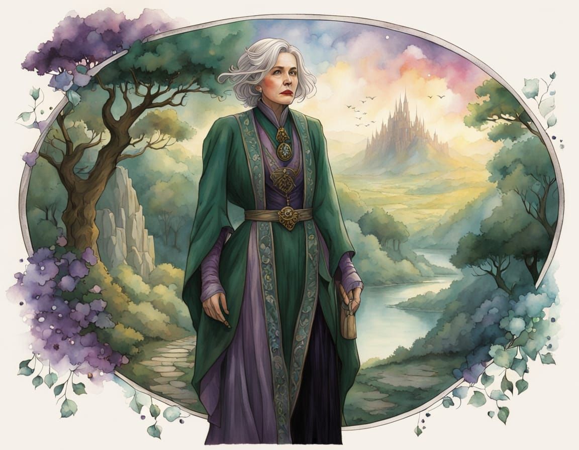 Watercolor Wizard Alchemist Woman in Emerald and Amethyst