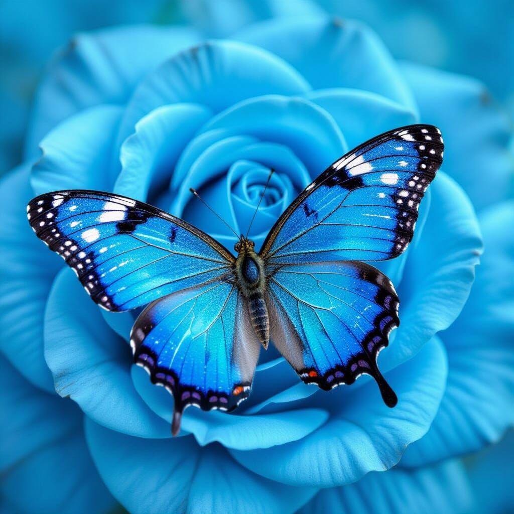 Blue Glitter Butterfly on Blue Rose