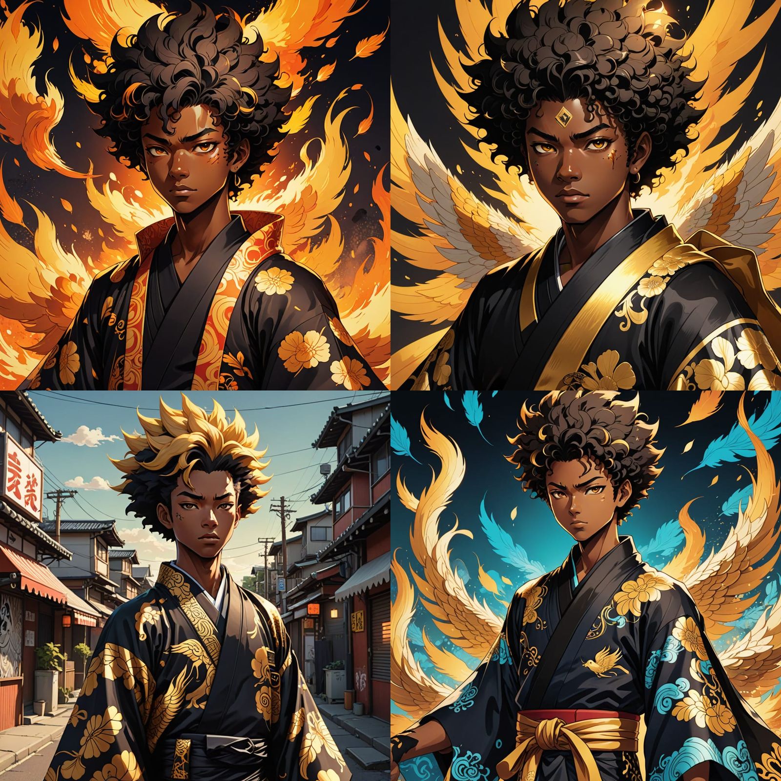 Cyberpunk-Inspired Black Kitsune Boy in Golden Phoenix Kimon...