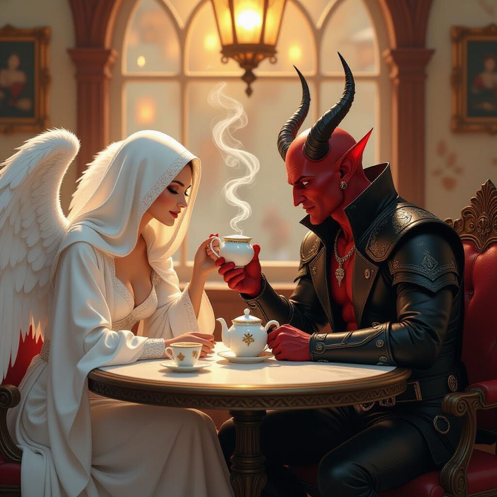 Angel and Demon Share Tea: Whimsical Digital Art