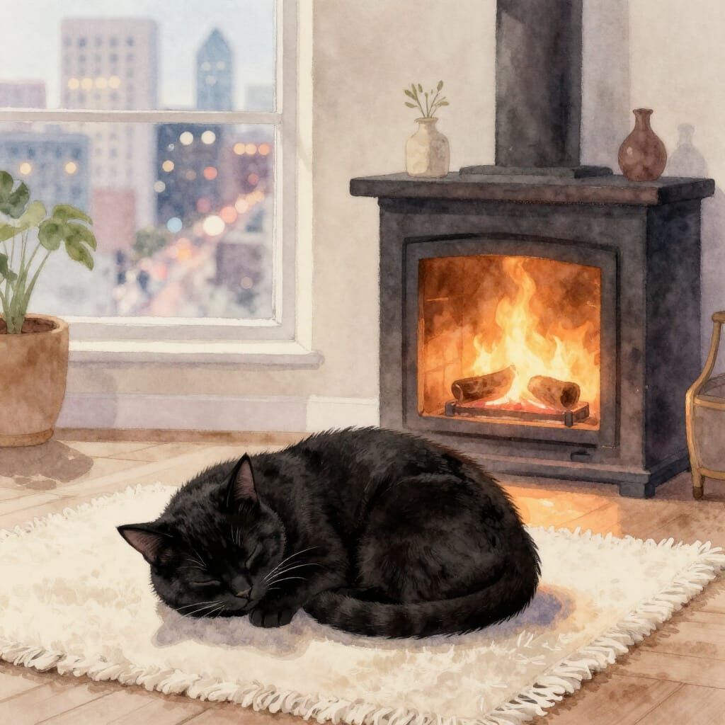 Serene Black Cat Asleep by Fireplace in Watercolour Style