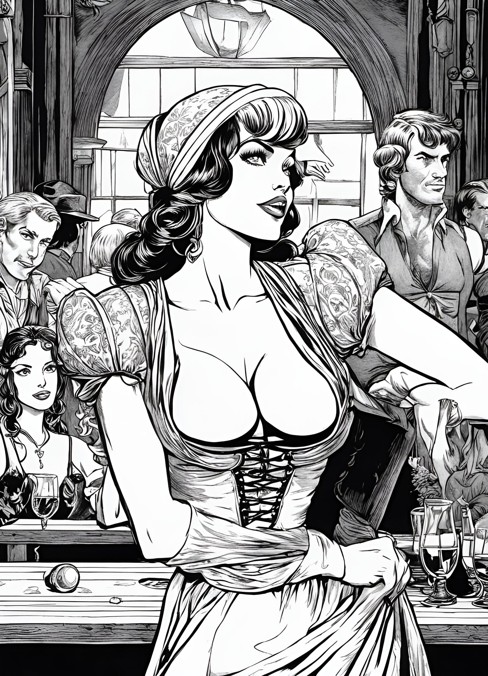 Tavern Wench Flirting: Black Ink Comic Illustration