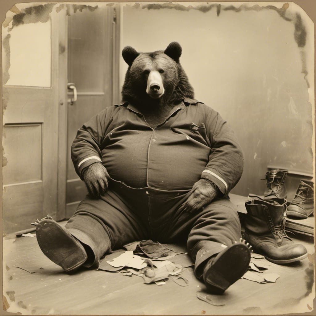 Bear Road Worker Putting On Boots, Pyrography Elements