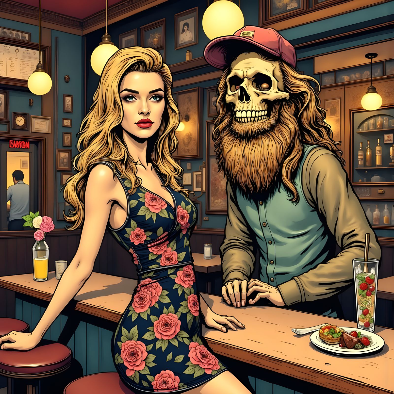 Sultry Blonde Woman Surrounded by Unconventional Company in...