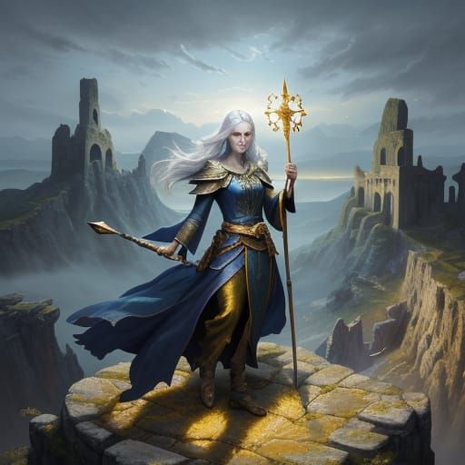 Sorceress on Mountain Peak in Ethereal Light