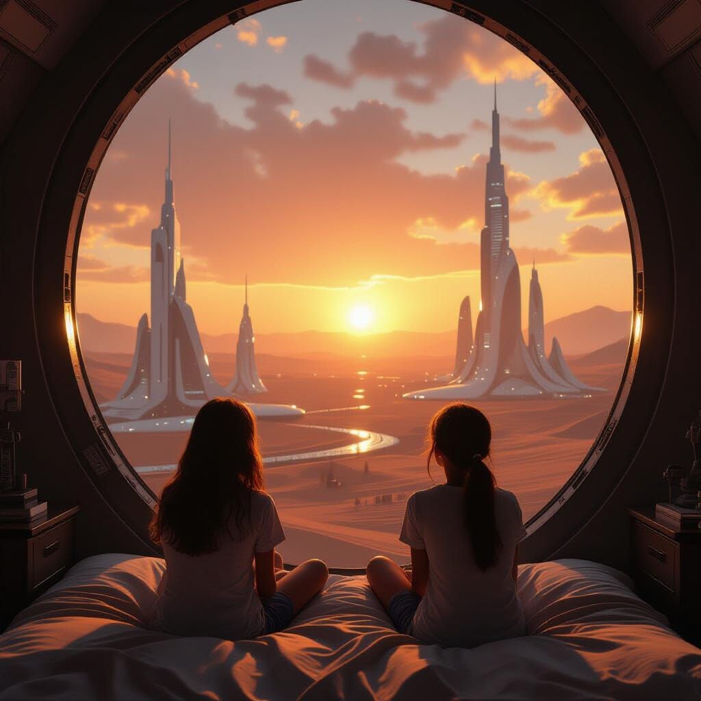 Terraformed Mars Home: Sisters View Futuristic City at Sunri...