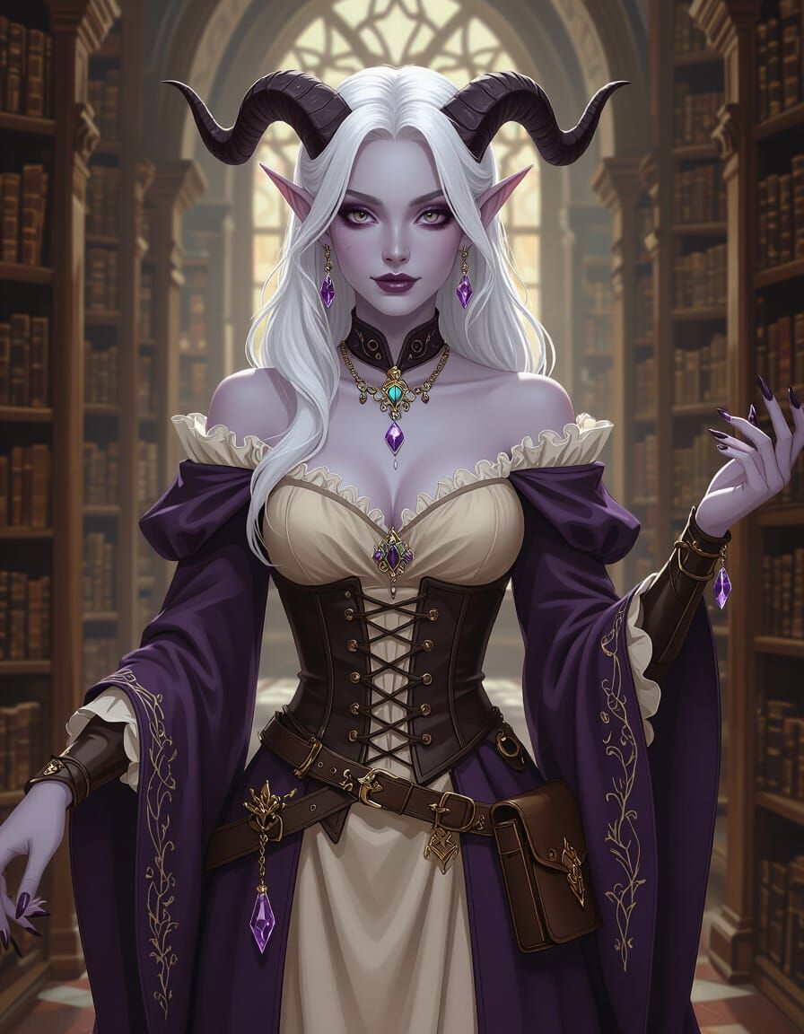 Elegant Tiefling Wizard in Ancient Library