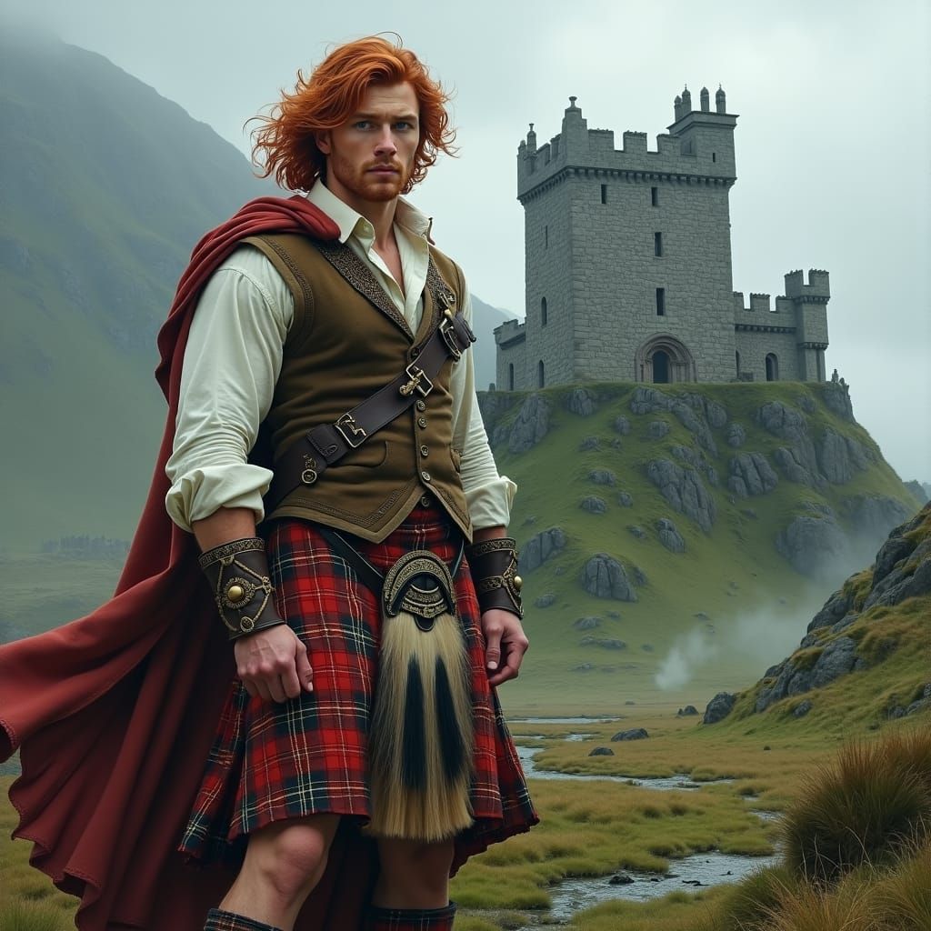 Highland Warrior Before Ancient Castle, Hyper-Realistic Pain...