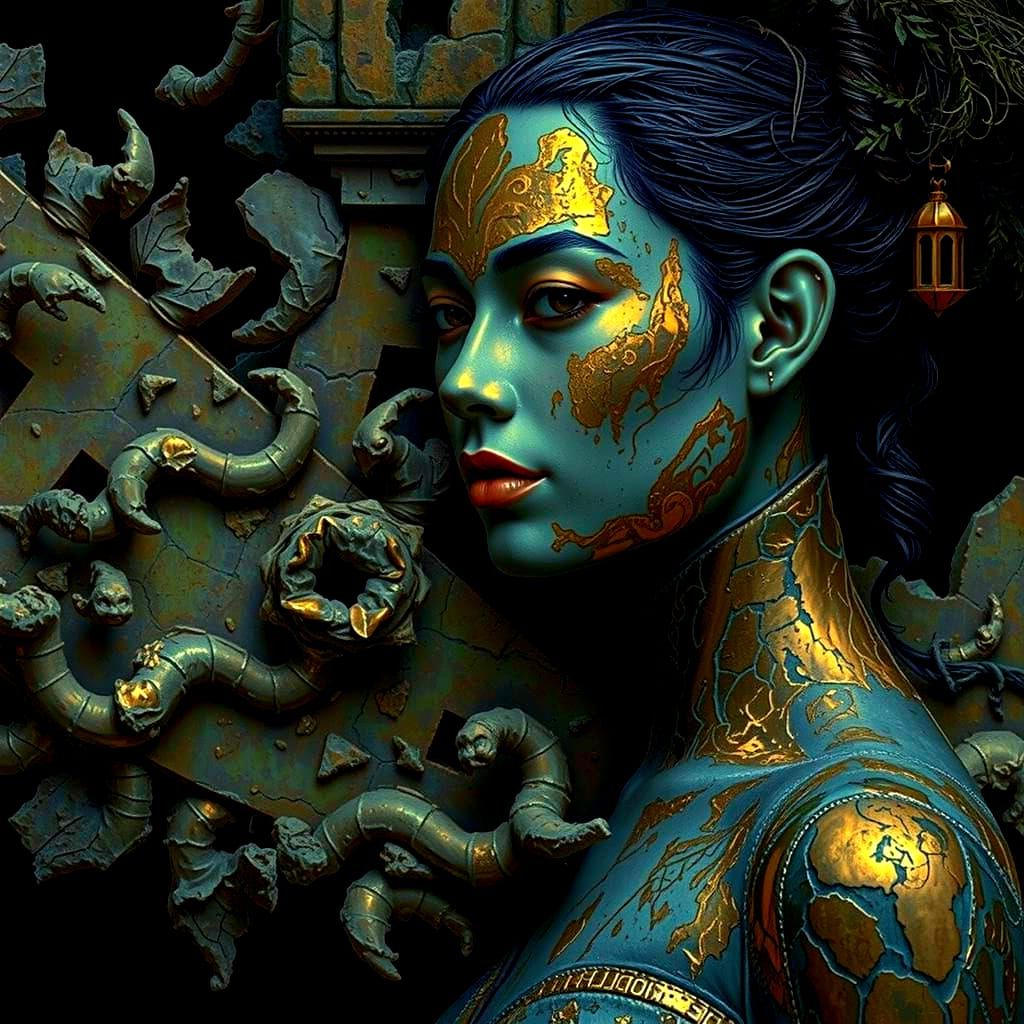 Abandoned City with Crumbling Structures and Lush Vegetation