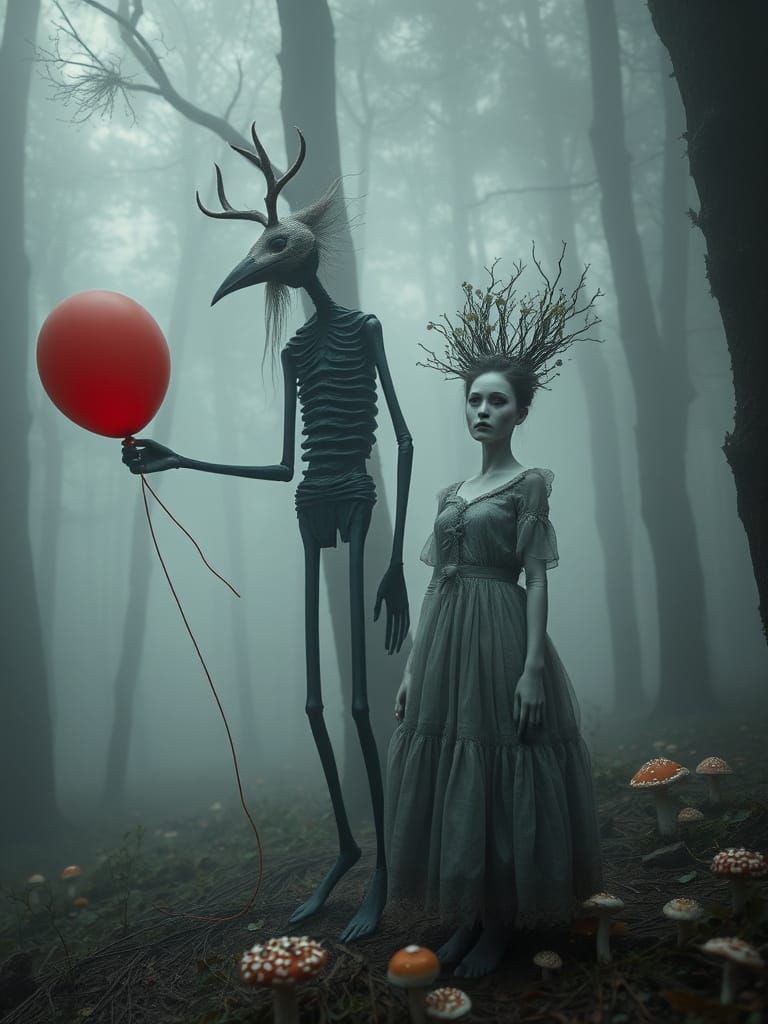 Misty Forest Scene with Humanoid Figures