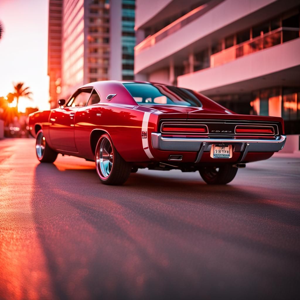 Candy Red Dodge Charger in Synthwave Sunset