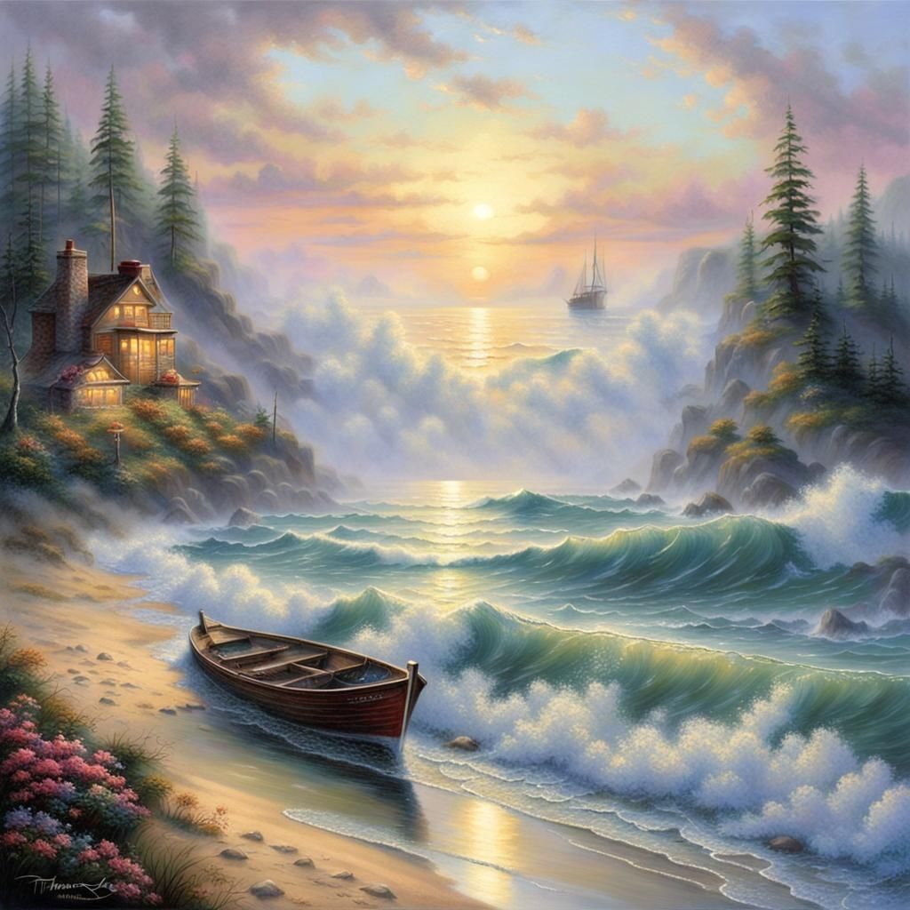 Ethereal Sunrise Over Misty Sea: Kinkade Style