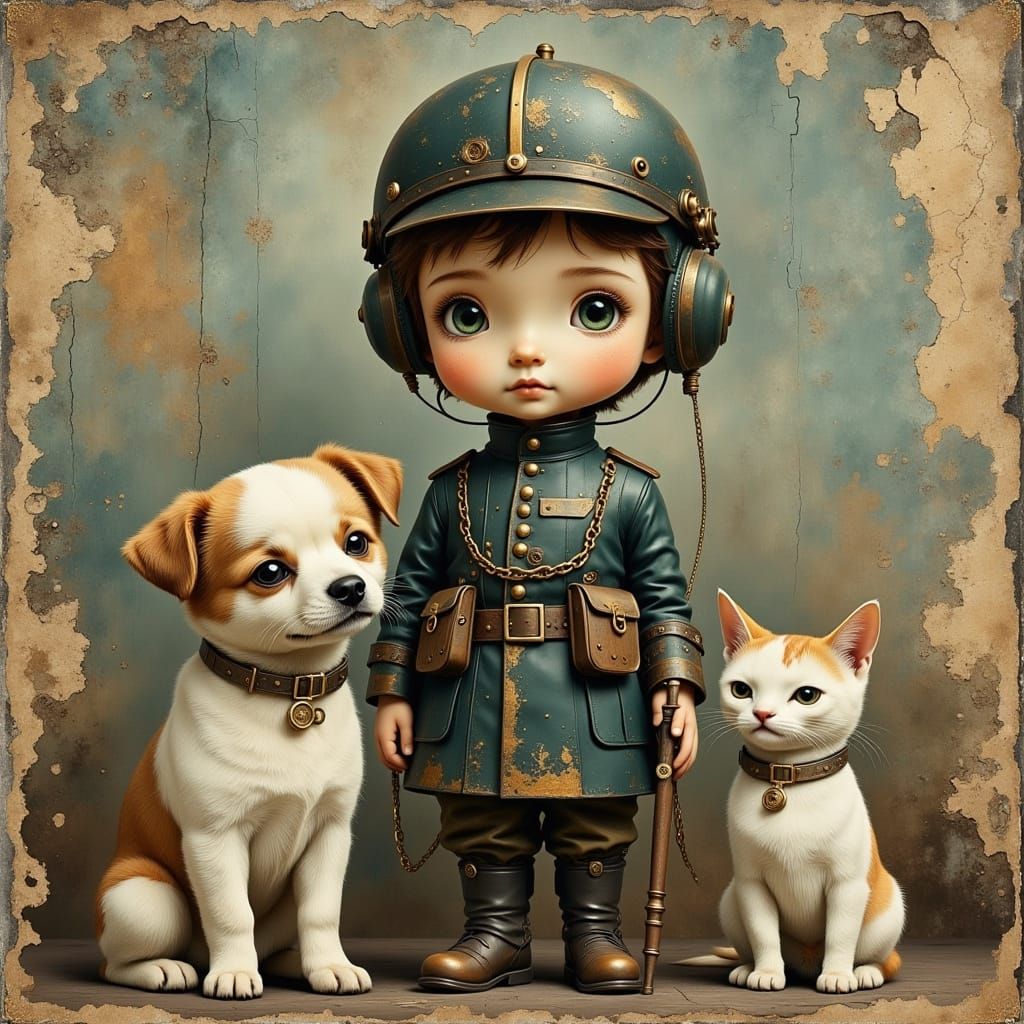 Dieselpunk Child Soldier Portrait on Vintage Postcard