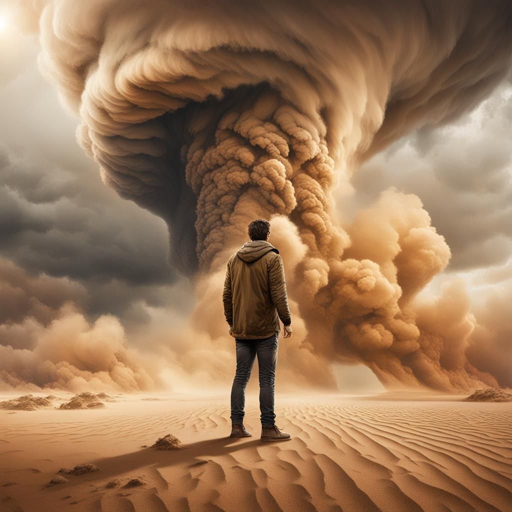 Hyperrealistic Man in Desert Sandstorm