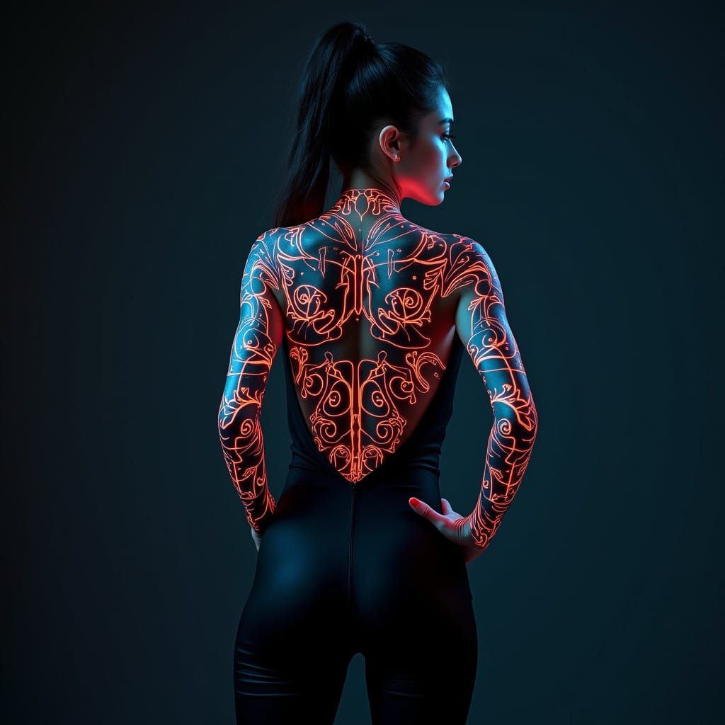 Glowing, Futuristic Tattooed Model in High-Tech Style
