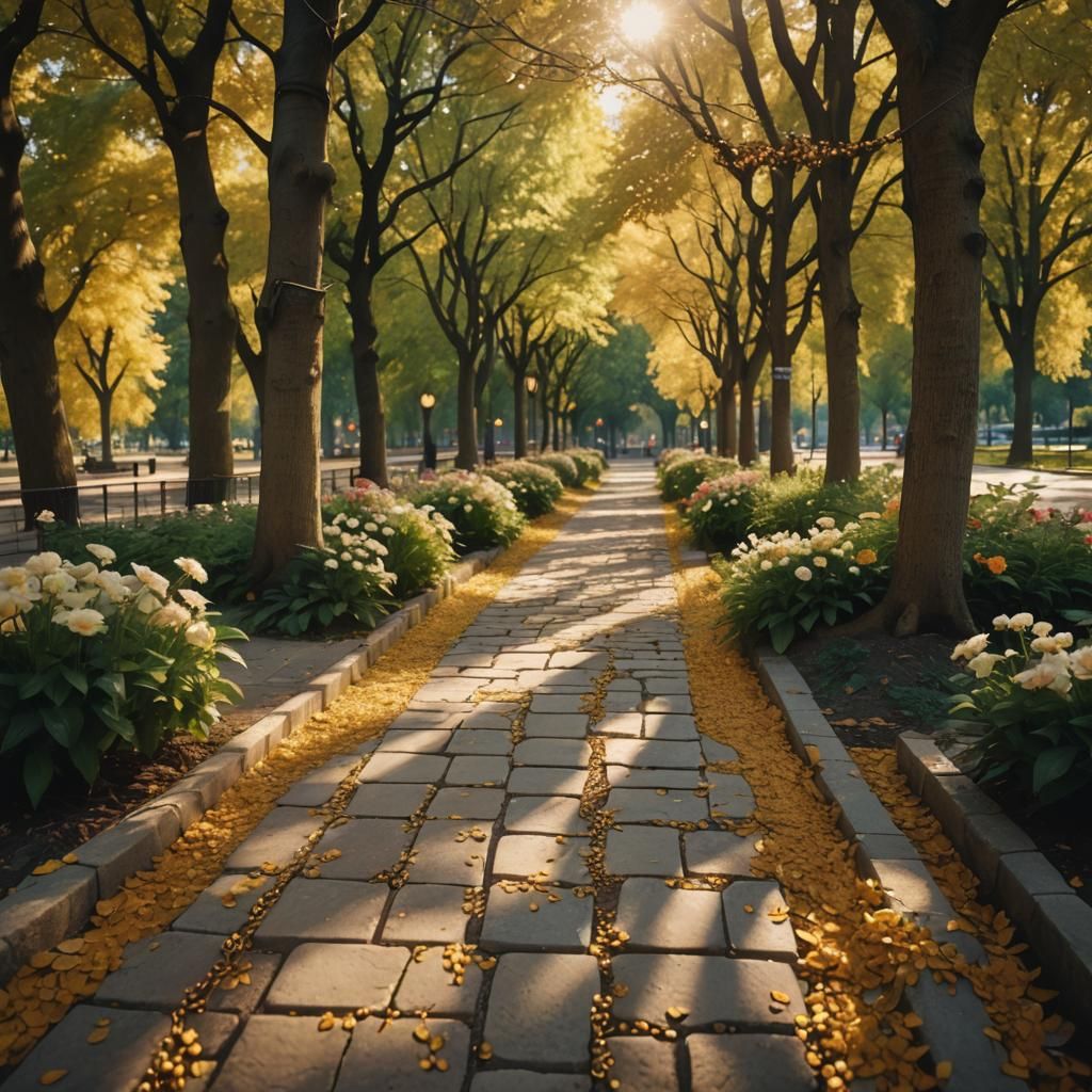 Enchanted Park Walkway with Golden Lights