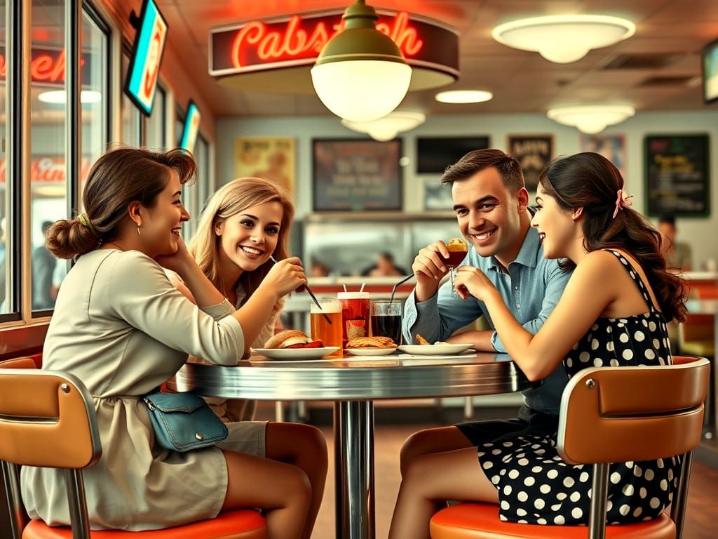 Friends at a 1950s Diner in Photorealistic Style