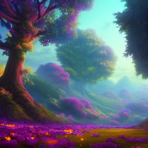 Enchanted Forest: Colorful Dawn Light Through Trees