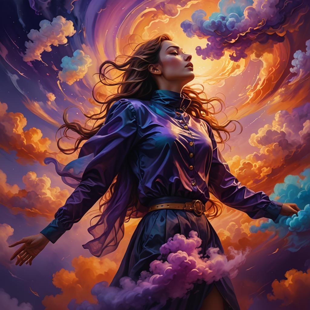 Woman Floating in Surreal Dreamscape: Digital Painting