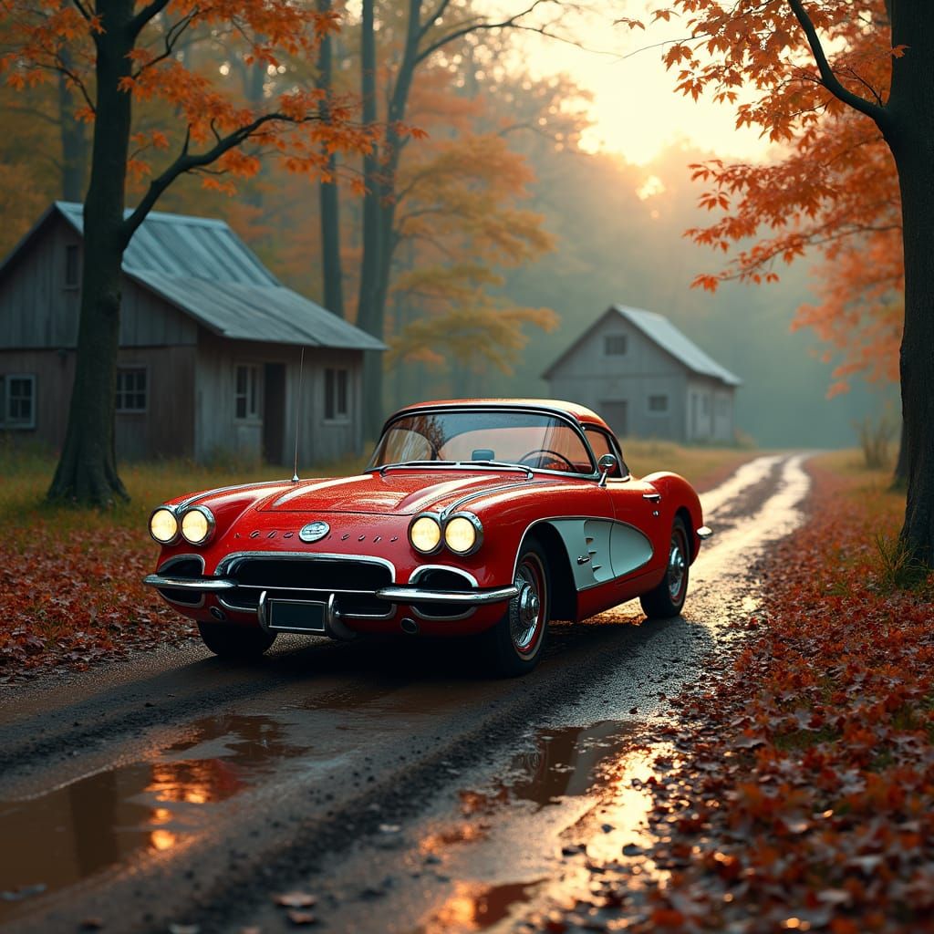 1959 Red Corvette on Muddy Road, Hyperrealistic