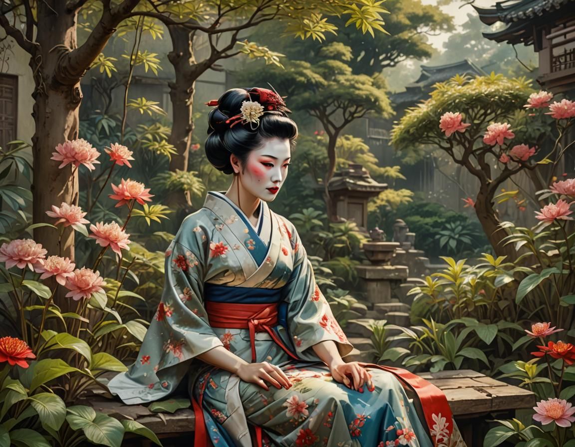 Vintage Geisha in Garden Art