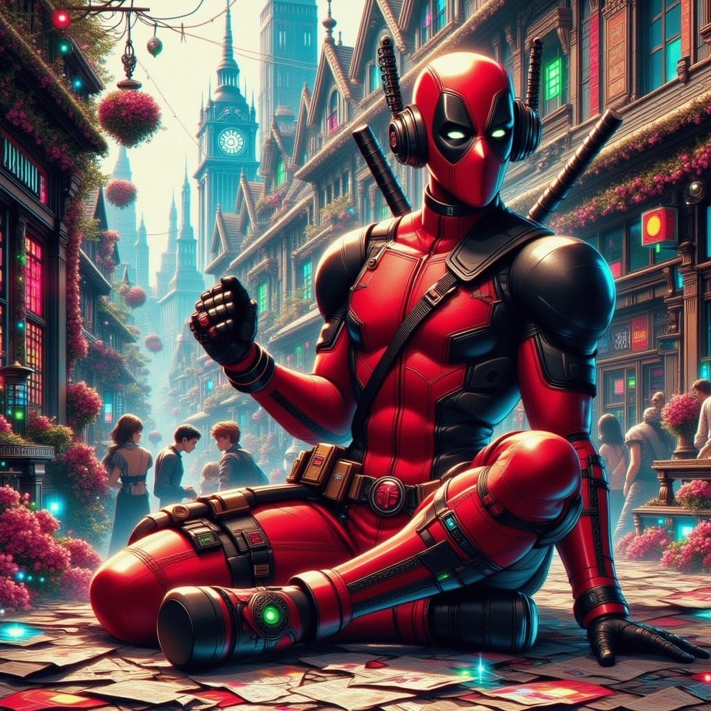 Cyberpunk Deadpool in Beautiful Anime Key Visual Style
