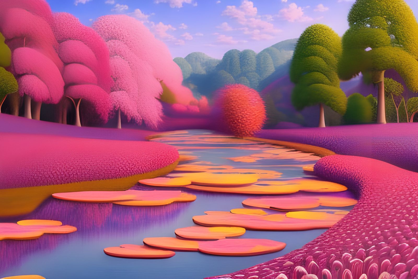 Surreal Valentine Landscape with Pink Trees in Pointillism