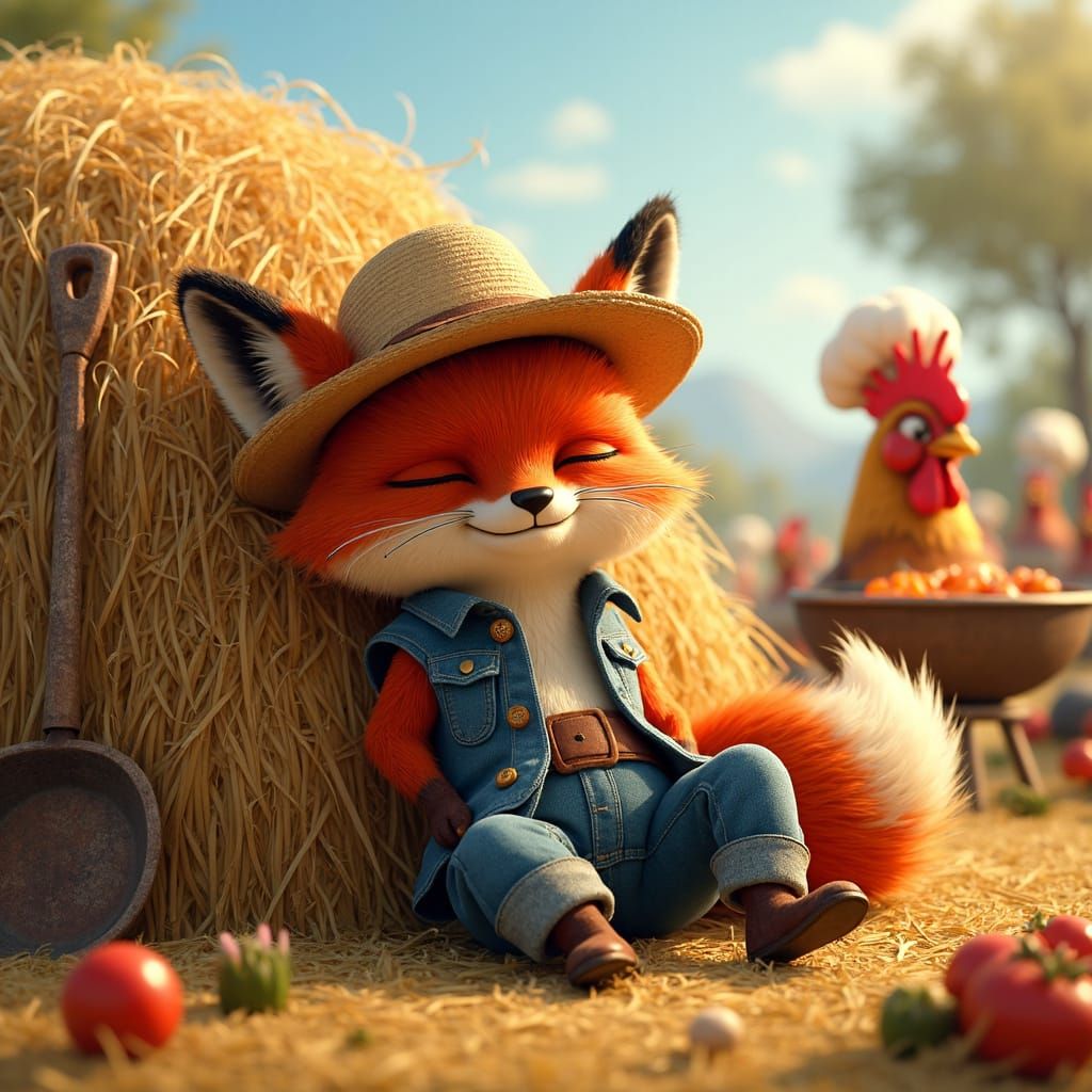 Fox and Chickens BBQ: Pixar-Style CGI Scene
