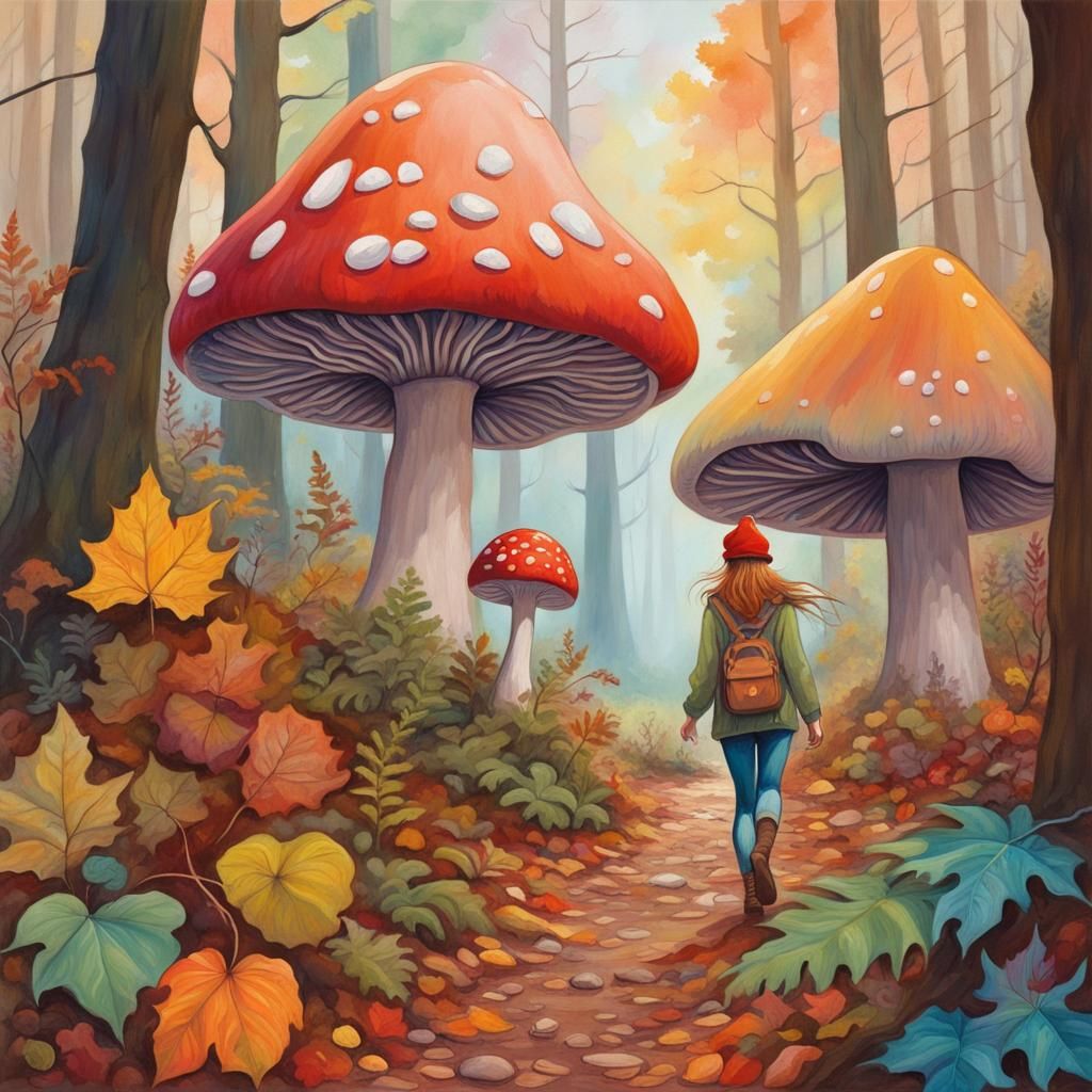 Fantasy Mushroom Forest Gouache Painting with Elf Girl