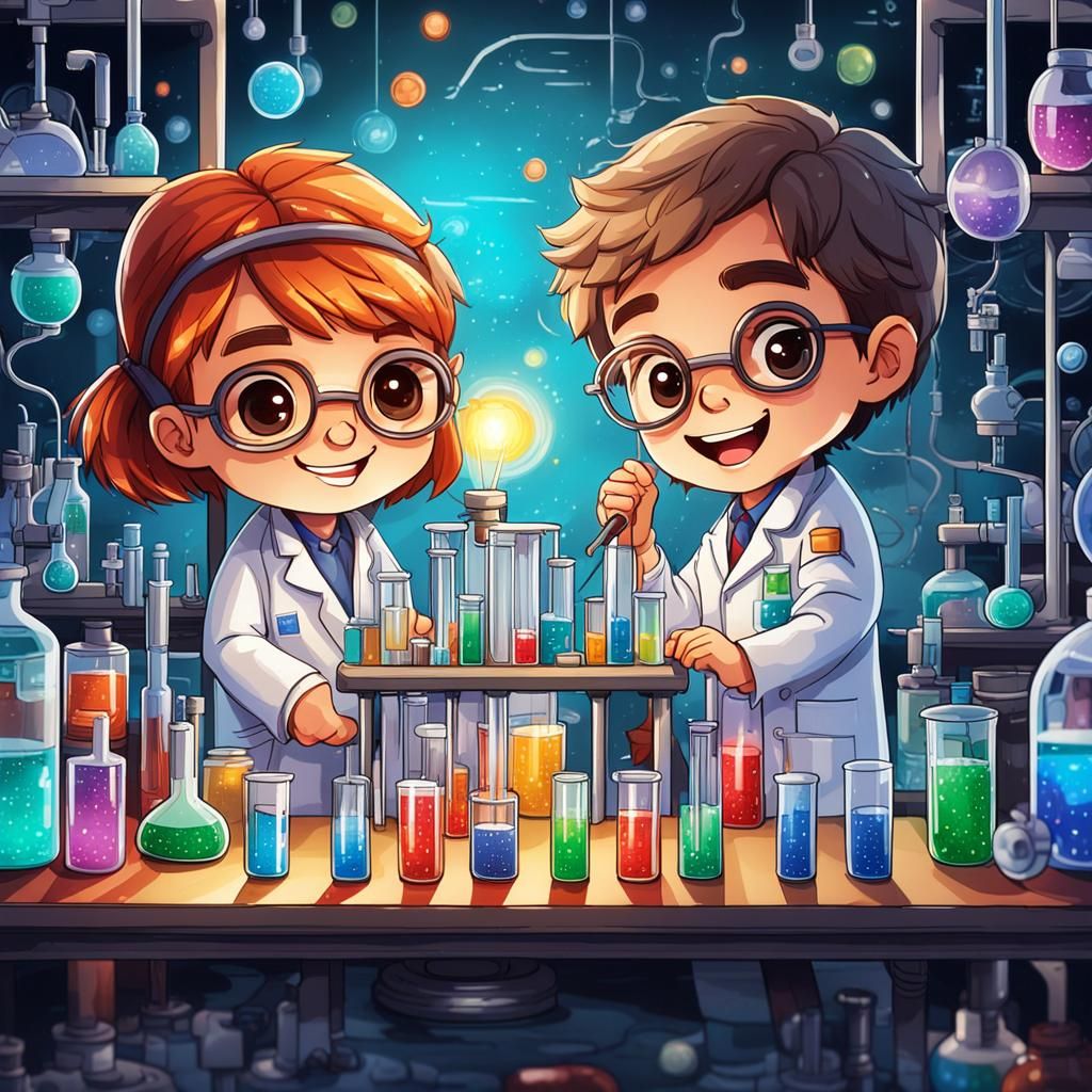 Two Young Scientists in Chibi Style Lab