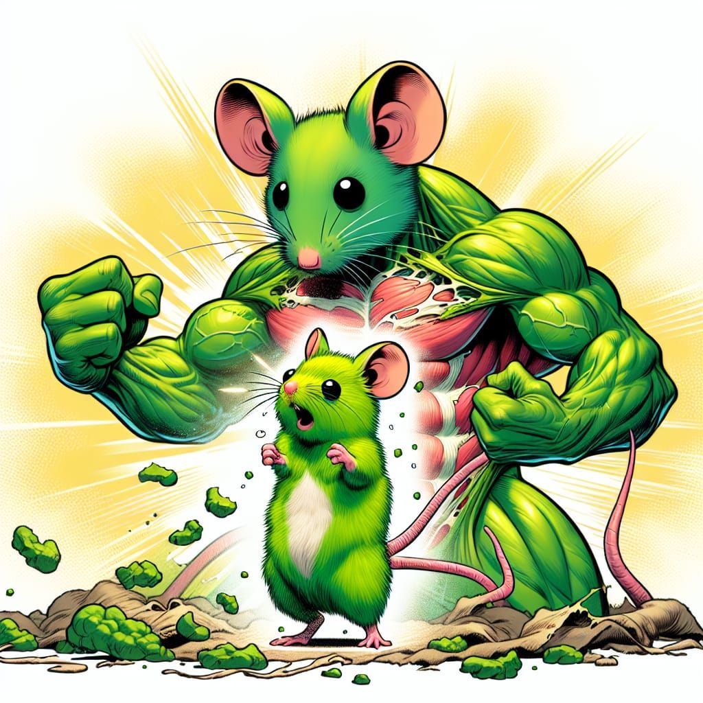 Mouse's Incredible Hulk Transformation in Comic Book Style