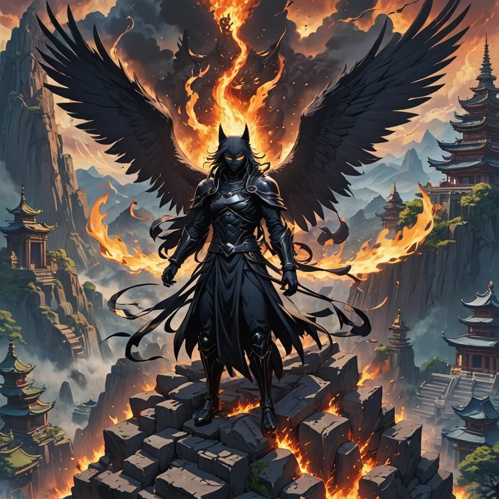 Black Cat Angel Oversees Burning Temple