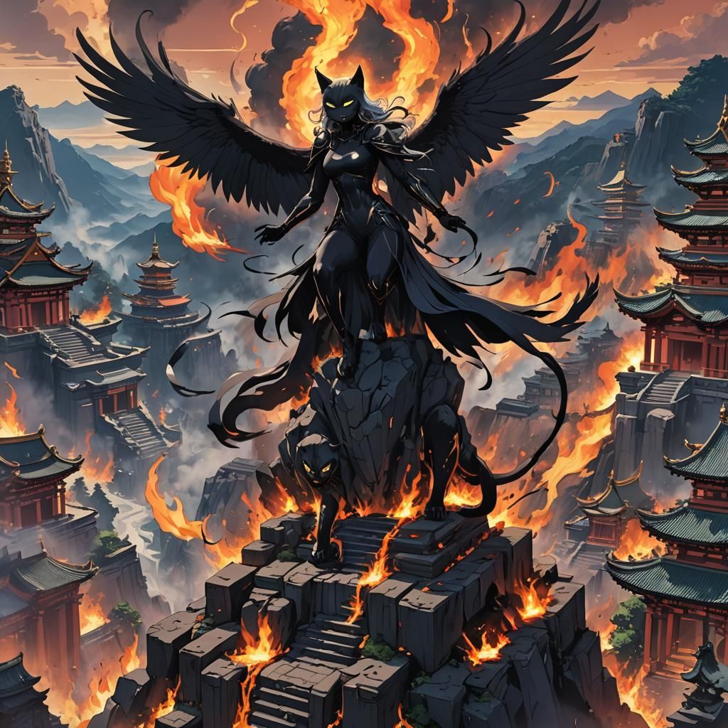 Giant Angel of Death in Fiery Temple, Anime-Inspired Artwork