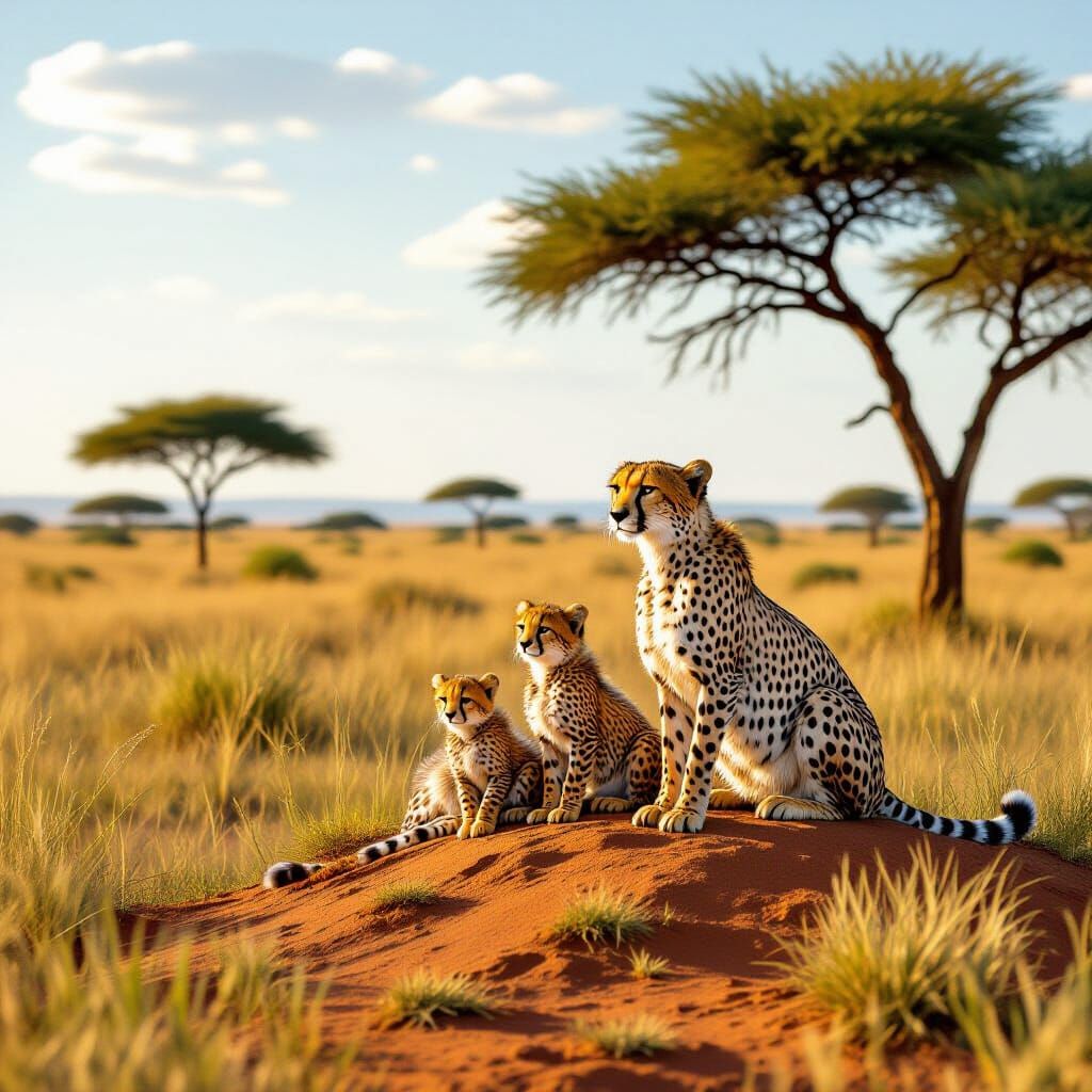 Cheetah Family Hunts Prey on Savanna Mound