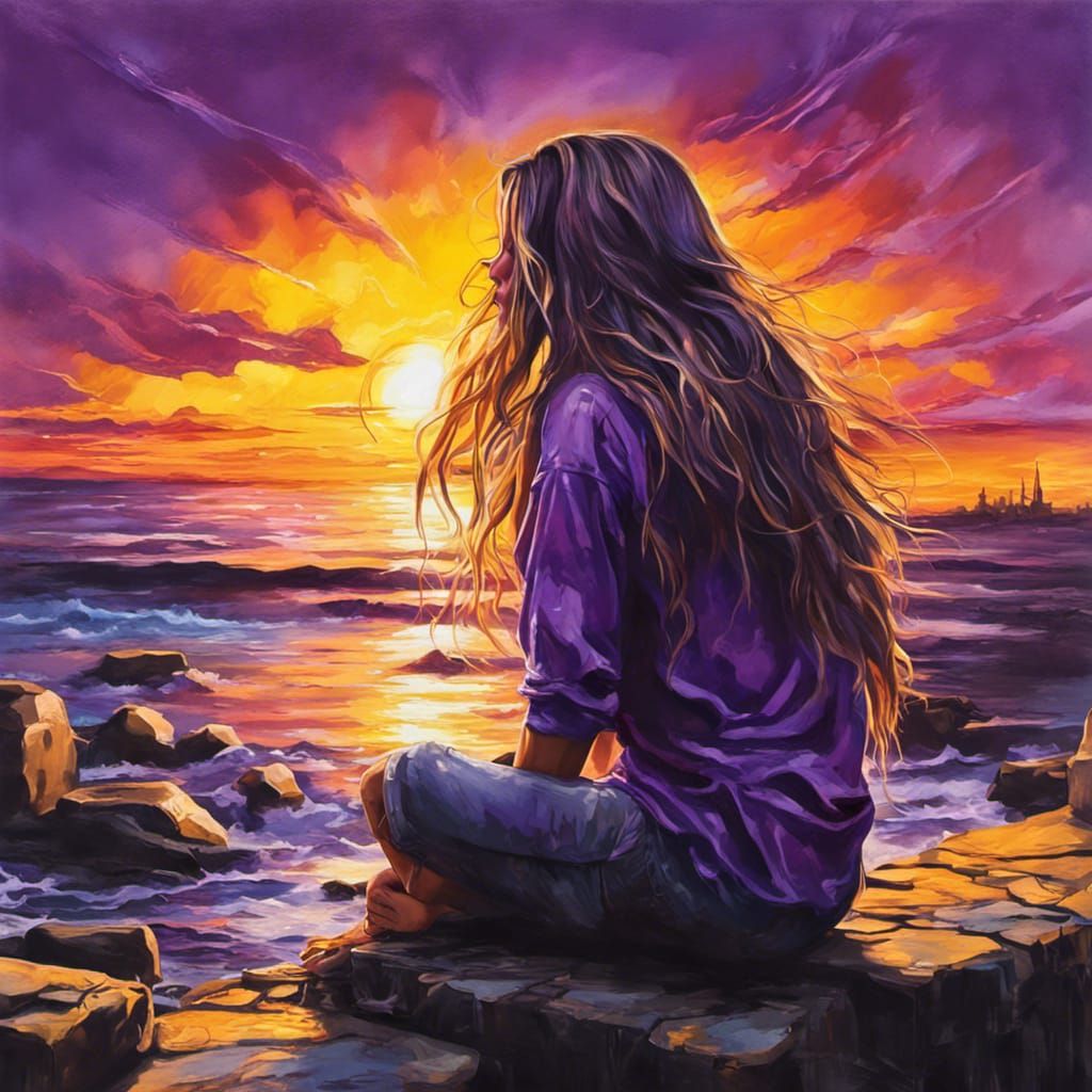 Woman Watching Sunset Graffiti Art