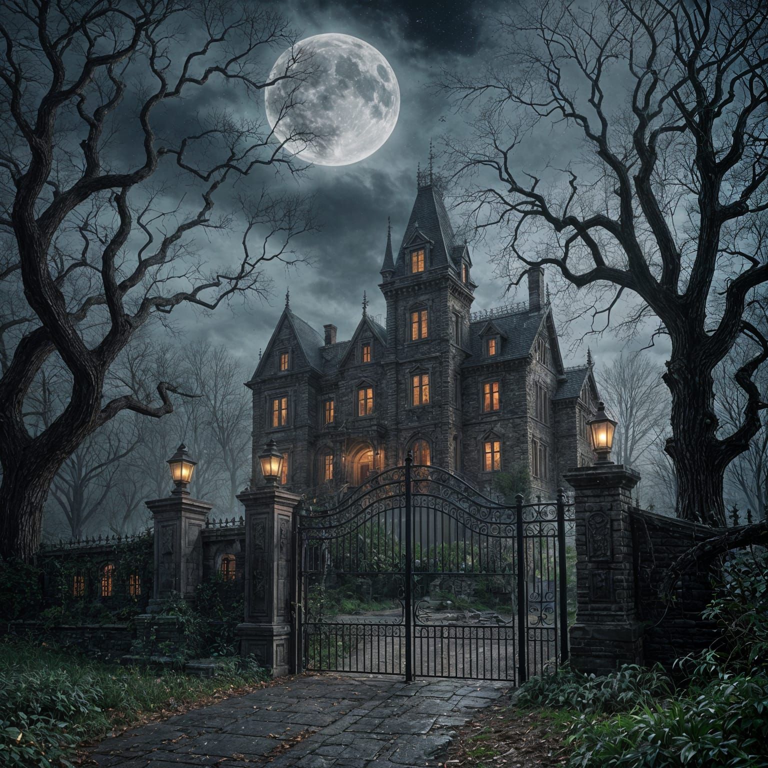 Ravenwood Manor: A Haunting Gothic Mansion in Moonlight