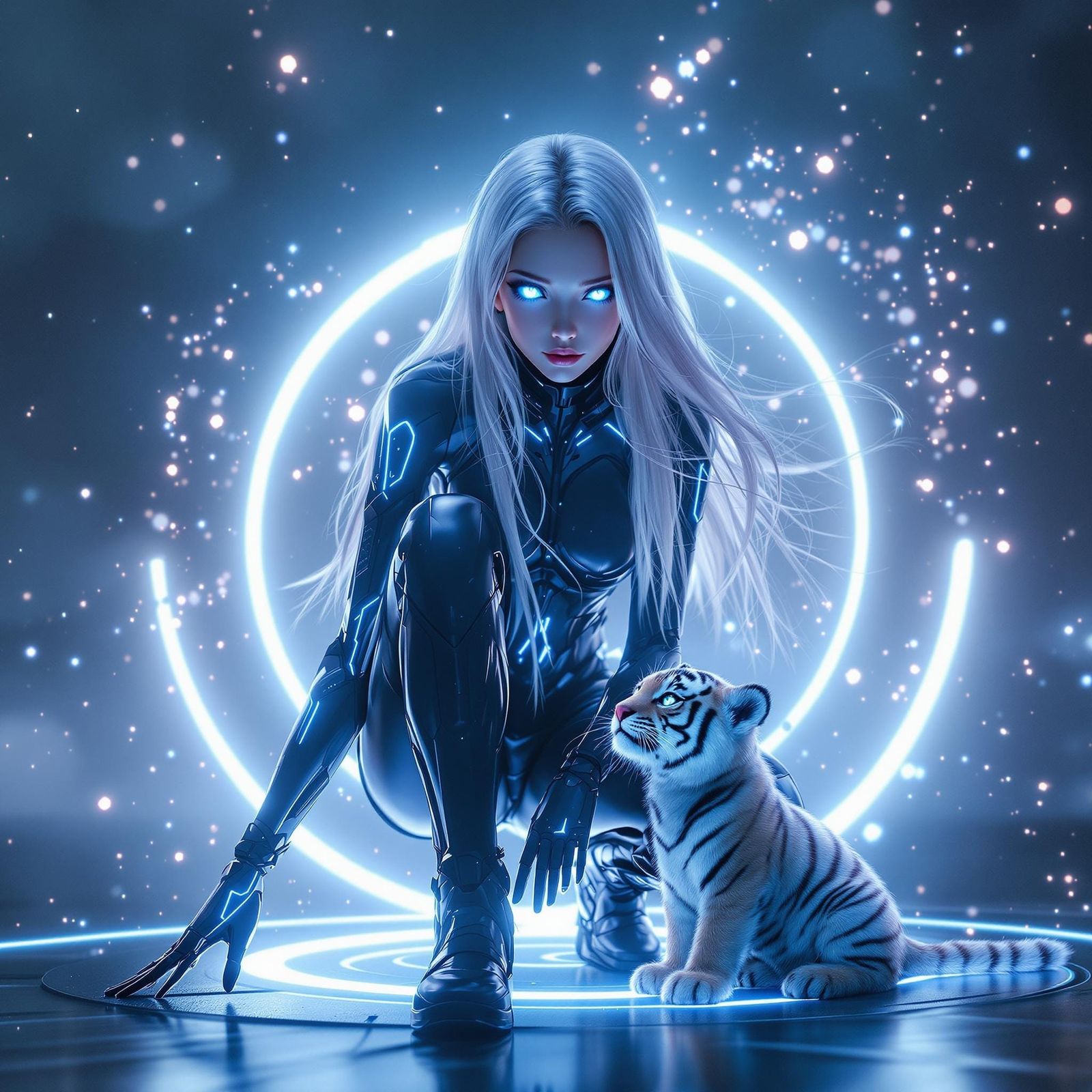 Cute Android Combatant with Tiger in Cyberpunk Twilight